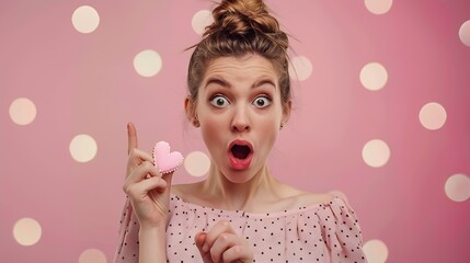 Beauty surprised Young fashion model Girl with Valentine Heart shaped cookie in hand Love Beautiful young woman pointing hand advertising gesture Valentines Day gift Pink polka dots ba : Generative AI