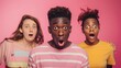 Shocked stupefied dark skinned man and their companions pose against pink background Emotional surprised horrified mixed race people see something unexpected in front Human reaction co : Generative AI
