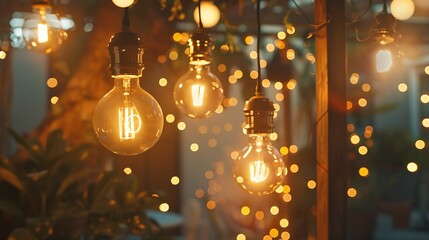 Aufkleber - Wide shot of Hanging light bulbs in outdoor terrace warm light source Vertical shot : Generative AI