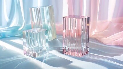 Fototapete - Photography of acrylic glass product presentation pedestal Shapes and pastel colours created by acrylic glass Ribbed patterns provide a scene for beauty products makeup and accessories : Generative AI
