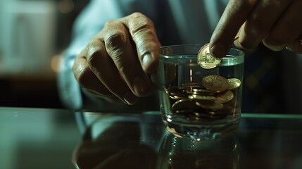 Poster - businessman holding coins putting in glass. concept saving money for finance accounting to arrange coins into growing graphs concept. : Generative AI