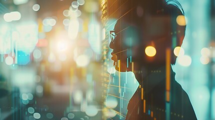 Poster - Financial investment, business analysis concept. Double exposure of businessman and stock market or forex graph. Economy trends background. Finance background for business design or pr : Generative AI