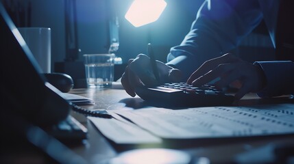 Fototapete - Businessman working on desk office with using a calculator to calculate the numbers : Generative AI