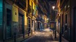© Generative AI - Old cozy street in Madrid Spain Architecture and landmark of Madrid night cityscape of Madrid : Generative AI