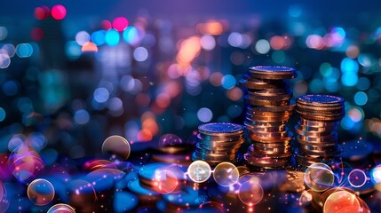 Fototapete - Double exposure of coins stack with graph chart and night cityscape. Economic, business, financial and stock market growth concept. : Generative AI