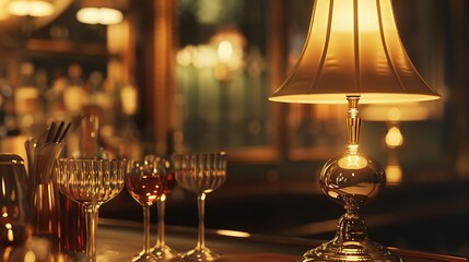 Poster - vintage lamps with blurred liquor bar : Generative AI