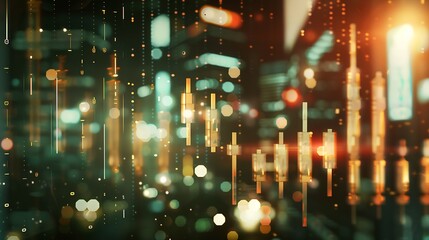 Fototapete - Abstract glowing big data forex candlestick chart on blurry city backdrop. Trade, technology, investment and analysis concept. Double exposure : Generative AI