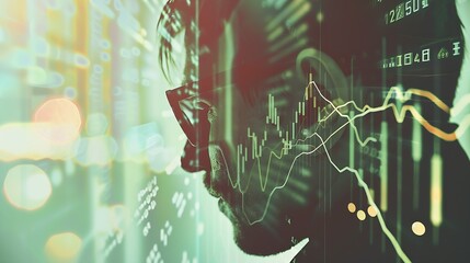 Leinwandbilder - Financial investment, business analysis concept. Double exposure of businessman and stock market or forex graph. Economy trends background. Finance background for business design or pr : Generative AI