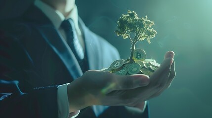 Poster - A businessman holding a coin with a tree that grows and a tree that grows on a pile of money. The idea of maximizing the profit from the business investment. : Generative AI