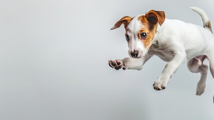 portrait of cute playful puppy of jack russell terrier in motion, jumping isolated over white studio