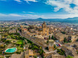 Aerial view of Pals a medieval town in Catalonia, northern Spain, near the sea in the heart of the Bay of Emporda on the Costa Brava with city walls