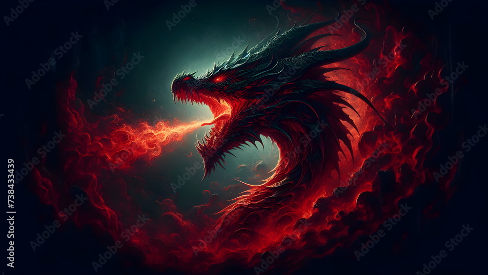Red dragon breathing fire. Mythology creature. Dark fantasy Stock ...