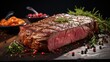 Grilled steak with melted barbeque sauce on a black and blurry background