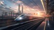 High-speed train passing station with motion blur