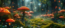 Fantasy Forest With Flying Magic Mushrooms, Glowing Moss, And Artwork.
