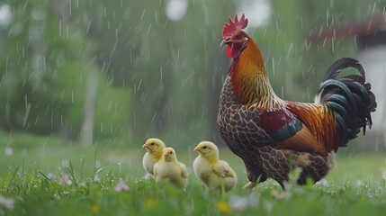 A mottled rooster and newborn chickens walk on green loan