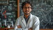 A young, masculine Indian scientist is in front of the chalkboard.