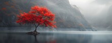 Red  Autumn Tree In The Gray Lake 