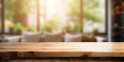 Blurred living room background with wooden table in front.