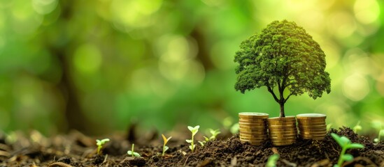 Green business with corporate social responsibility encompasses the symbiotic growth of trees on currency.