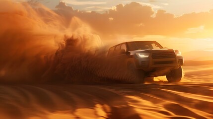 SUV Driving Through Desert Dunes kicking up sand on vast desert landscape at sunset