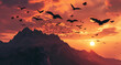 raptors flying behind a mountain at sunset