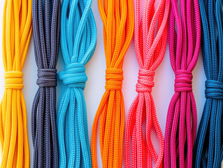 Colorful shoelaces artfully arranged in parallel on a white background, creating a captivating top view. Vibrant and vivid.
