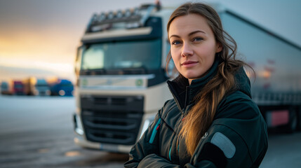 Wall Mural - Young female professional by her transport truck, showcasing efficiency in logistics.