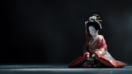 A Japanese female hina doll against a dark black background, Japan.  Lots of room for text. 