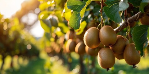 Fresh kiwi fruits hanging on trees in an Italian orchard, Generative AI 