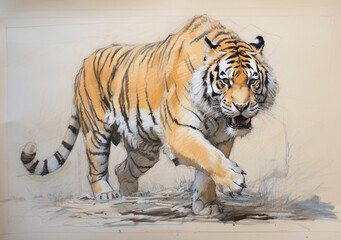 Drawing of a tiger walking across a canvas