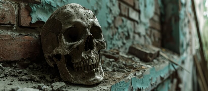 Spooky skull found in aged, deserted structure with Halloween message