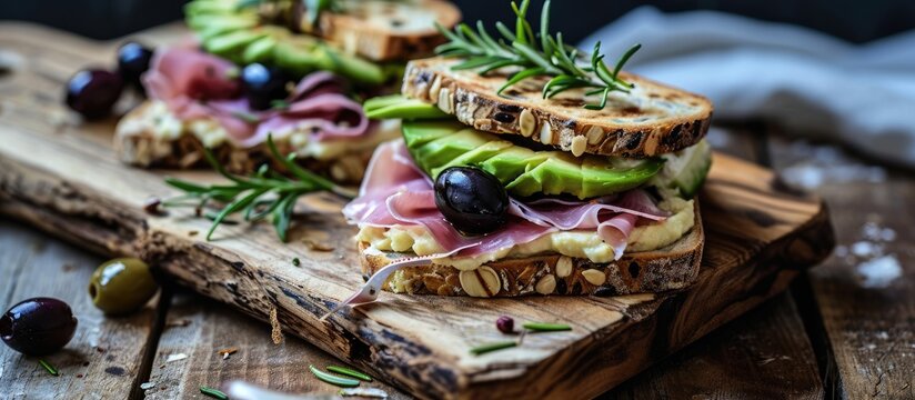 A delicious and visually appealing Rice Cake Sandwich with Avocado, Jamon, Olives, and Rosemary on a Wooden Cutting Board.