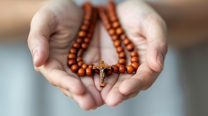 Sticker - Soulful prayer: a man in quiet devotion, hands clasped around a rosary cross, seeking solace and spiritual connection, capturing the essence of serene contemplation, faith, and religious devotion.