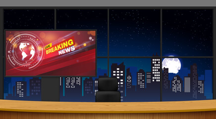 Wall Mural - wood table and breaking news on lcd background in the news studio room	