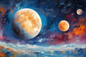 Wall Mural - Fantastic oil painting beautiful big planet moon among stars in universe