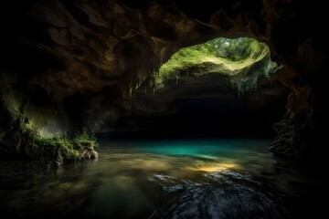 Wall Mural -  A tranquil waterfall hidden deep in the forest, with sunlight filtering through the canopy above.