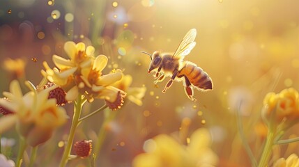 Bee insect flying and eating nectar from flowers blossom. Banner background design
