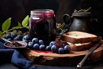 Wall Mural - blueberry jam on the table with toast