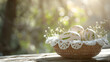 Vibrant Easter vibes as sunlight caresses a handmade crochet basket holding white chicken eggs adorned with delicate floral paintings, resting on a rustic wooden table
