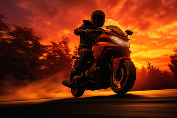 Poster - motorcycle on sunset, professional motorbike rider on road, riding with high speed around mountains on sunset.