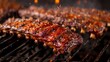 © PrettyVectors - Meat ribs bbq grill steak cooking fried on oil fire. Banner background design