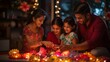 Indian young family making flower rangoli or arranging diyas for diwali festival night at porch with gifts and bokeh in the background