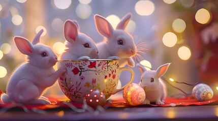 Wall Mural - Three tiny white rabbits playfully exploring a mug adorned with Easter decorations, a gleaming egg catching the light nearby