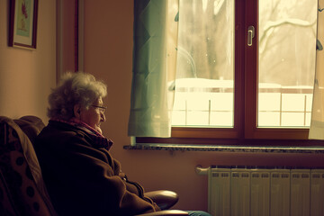 Wall Mural - An elderly woman in a nursing home sits in a chair by the window and waits for guests