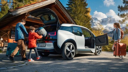 Wall Mural - A family is loading luggage into the rear of their vehicle for a leisurely travel, surrounded by trees and plants. AIG41