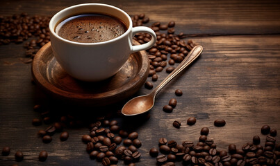 Poster - Coffee cup and coffee beans on wooden table. Coffee background