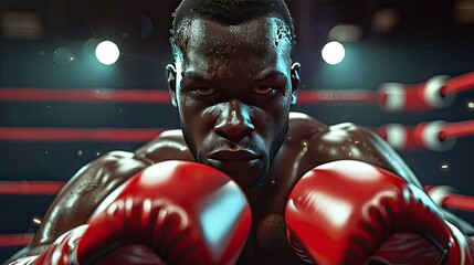 a person of an African American male boxer fighting with gloves up looking at camera in the boxing ring