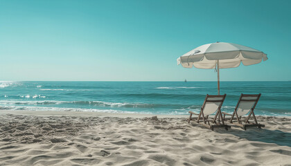 Wall Mural - Relaxing Beach Scene with Chairs, Umbrella, and Ocean View