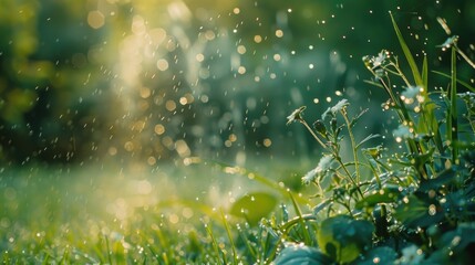 close up of a garden sprinkler spraying water onto grass and small flower 